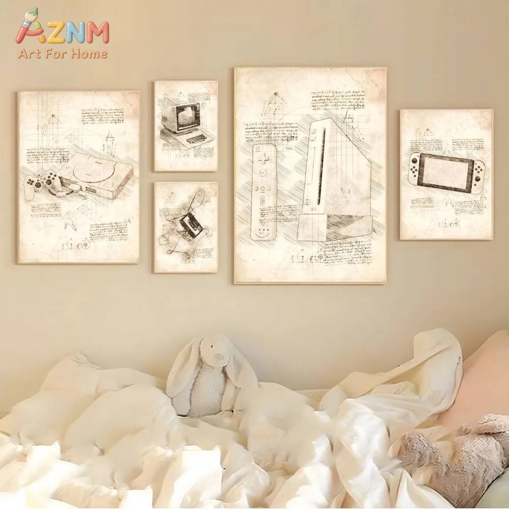 Gaming Console Room - AZNM Konsol Game Vintage Sketsa Kanvas